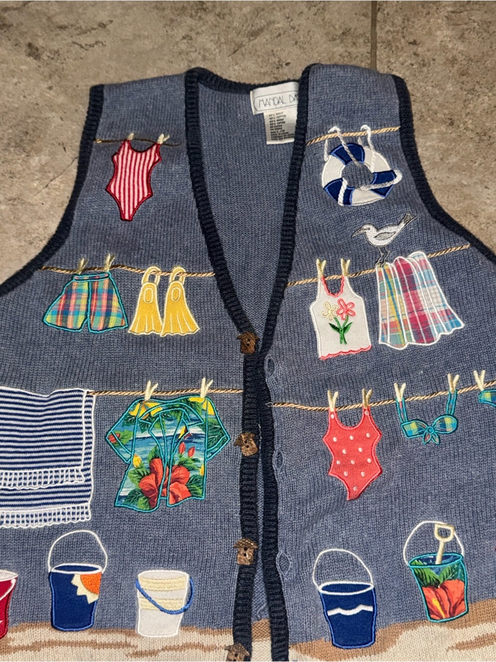 Grandmacore Navy Blue Embroidered Women's Knit Vest with Beach Motif Sz L
